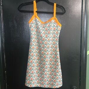 70s Inspired KNIT Floral Patterned Mini Dress with Orange Straps XS